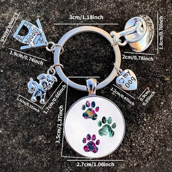 Puppy Charm Keychain Silver Plated Doggy I Love My Dog Paw Keyfob Pet Lover Gift - Picture 4 of 6